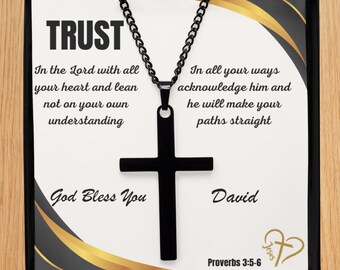 Personalized Trust God Cross Necklace for Him or Her, Christian Faith, Jesus Followers Charm, Present Idea for Church Friends, Scripture