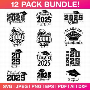 Klasse van 2025 SVG | Senior SVG-bundel 2025 | Grad Cap Cut-bestand | Varsity- en scriptontwerp | Cricut-bestanden (svg, png, dxf, pdf)