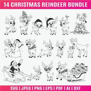 Pacchetto di clipart di contorni di renne / SVG di cervi natalizi per plotter, Cricut e Silhouette