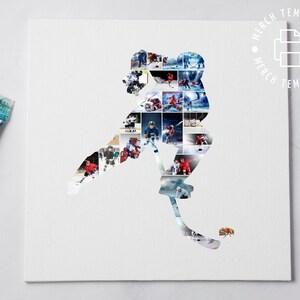 May include: A white canvas with a hockey player silhouette made of smaller images of hockey players. The silhouette is in a skating pose with a stick and puck.