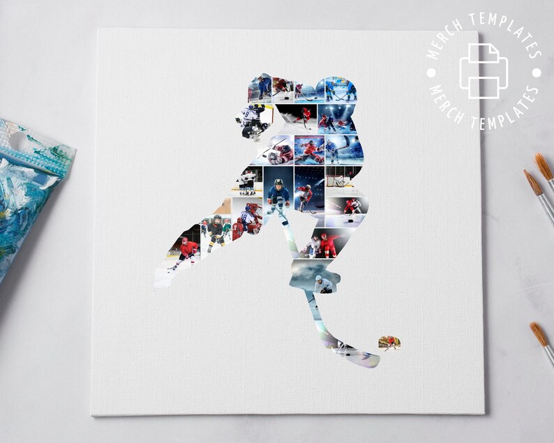 May include: A white canvas with a hockey player silhouette made of smaller images of hockey players. The silhouette is in a skating pose with a stick and puck.