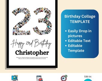 Custom 23rd Birthday Number Collage Frame - Personalized Photo Collage | Canva Collage | Canva Template | Drag and Drop Photos in Canva