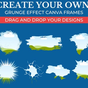 May include: Six different grunge effect Canva frames with a blue sky, white clouds, and green grass background. The text "Create Your Own Grunge Effect Canva Frames" and "Drag and Drop Your Designs" is at the top of the image.