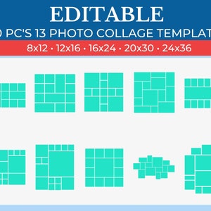 May include: A digital photo collage template with a blue and white background. The template includes 10 different layouts with various arrangements of rectangular photo placeholders. The text "EDITABLE" and "10 PC'S 13 PHOTO COLLAGE TEMPLATE" are displayed at the top.