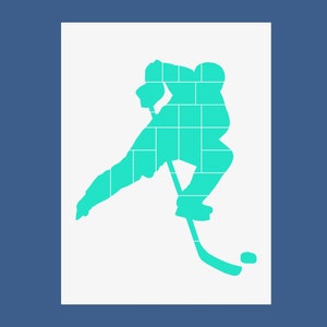May include: A teal blue silhouette of a hockey player skating and holding a hockey stick. The player is wearing a helmet and gloves. A puck is on the ice.