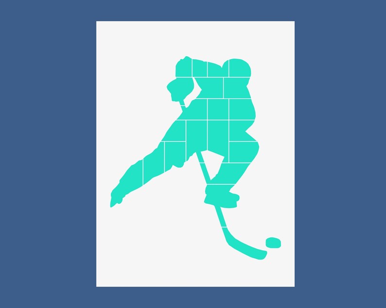 May include: A teal blue silhouette of a hockey player skating and holding a hockey stick. The player is wearing a helmet and gloves. A puck is on the ice.