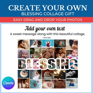 May include: A collage template with the word "Blessing" in large letters, with a grid of 25 photo spaces. The template is designed for creating a personalized gift collage with photos of babies.