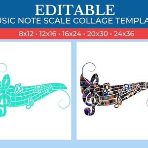 Puede incluir: Una plantilla de collage de notas musicales azul turquesa con una clave de sol y notas musicales. La plantilla está dividida en cuadrados para agregar fotos. La plantilla está disponible en los tamaños 8x12, 12x16, 16x24, 20x30, 24x36.