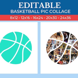 May include: A printable template for a basketball photo collage. The template is a basketball outline with sections for photos. The template is shown with a teal basketball outline and a basketball outline filled with photos of basketball players.