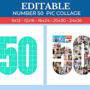 May include: Editable number 50 photo collage template. The template is made up of 50 squares, each of which can be filled with a photo. The template is shown in two versions: one with the squares filled in with a turquoise color and one with the squares filled in with photos. The text "8x12, 12x16, 16x24, 20x30, 24x36" is shown below the template.
