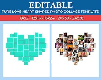 PRINTABLE Heart Photos Collage Template Canva | Heart Photos Template Collage Editable Drag and Drop | Heart Photos Grid
