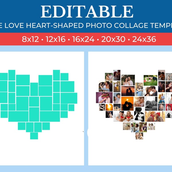 PRINTABLE Heart Photos Collage Template Canva | Heart Photos Template Collage Editable Drag and Drop | Heart Photos Grid