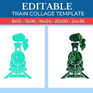 Peut inclure: Un modèle de collage numérique représentant une silhouette de train avec deux arrière-plans différents. Le premier arrière-plan est de couleur bleu sarcelle unie, et le second est un motif de feuilles vertes.