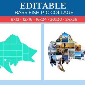 May include: Editable bass fish photo collage template with a turquoise silhouette of a bass fish divided into squares. The template is available in various sizes: 8x12, 12x16, 16x24, 20x30, and 24x36.