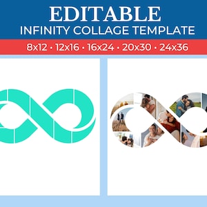 May include: A template for creating a photo collage in the shape of an infinity symbol. The template is divided into 12 sections, and the image shows an example of how the collage would look with photos of a couple. The template is available in a variety of sizes, including 8x12, 12x16, 16x24, 20x30, and 24x36.