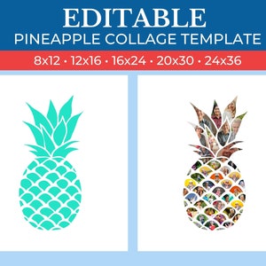 May include: Editable pineapple collage template with a teal pineapple silhouette. The template is designed to be filled with photos, creating a unique and personalized gift.