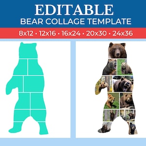 May include: A printable bear collage template with a teal bear silhouette divided into 16 squares. The template is available in 6 sizes: 8x12, 12x16, 16x24, 20x30, 24x36. The right side of the image shows an example of the template filled with bear photos.