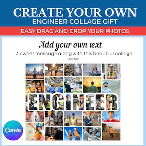 Peut inclure: Un modèle de collage avec le mot "ENGINEER" en grandes lettres. Les lettres sont remplies d'images de personnes travaillant dans la construction et l'ingénierie. Le modèle est conçu pour être utilisé pour créer un cadeau de collage personnalisé.
