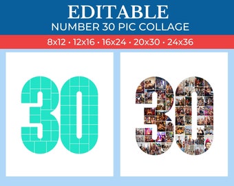 Marco de collage de 30 números / Marco de collage de 30 Canva editable / Collage de cumpleaños número 30 / Marco de collage del 30 aniversario