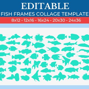 Op de afbeelding: Een verzameling van 48 turquoise vissen silhouetten in verschillende vormen en maten. De silhouetten zijn in de vorm van een hart gerangschikt. De afbeelding bevat de tekst "EDITABLE FISH FRAMES COLLAGE TEMPLATE 8x12 • 12x16 • 16x24 • 20x30 • 24x36".