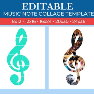 May include: A printable template for a music note collage. The template is a treble clef shape divided into squares. The template is available in six sizes: 8x12, 12x16, 16x24, 20x30, 24x36.
