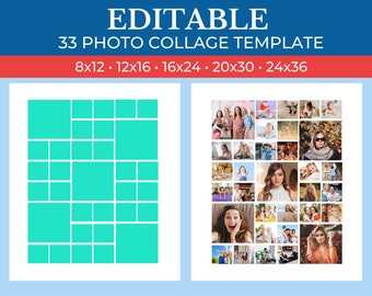 PRINTABLE 33 Number Collage Frame | 33 Photo Template | GridArt Canva | Image Collage | Pic Stitch | 33 Photo Collage Template