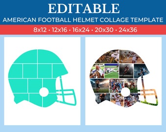 May include: A template for creating a photo collage in the shape of an American football helmet. The template is divided into 16 squares, with a turquoise outline. The template is available in six sizes: 8x12, 12x16, 16x24, 20x30, 24x36.