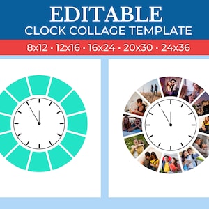 May include: A template for a clock collage with 12 photo spaces. The template is shown with a turquoise clock face and a clock face with photos of people in each space.