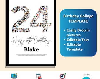 Custom 24th Birthday Number Collage Frame - Personalized Photo Collage | Canva Collage | Canva Template | Drag and Drop Photos in Canva