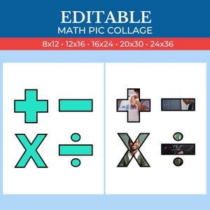 May include: A printable math pic collage with four math symbols: plus, minus, multiply, and divide. Each symbol is filled with a teal color and has a black outline. The symbols are arranged in a 2x2 grid. The right side of the collage shows the same symbols with images of people in the background.
