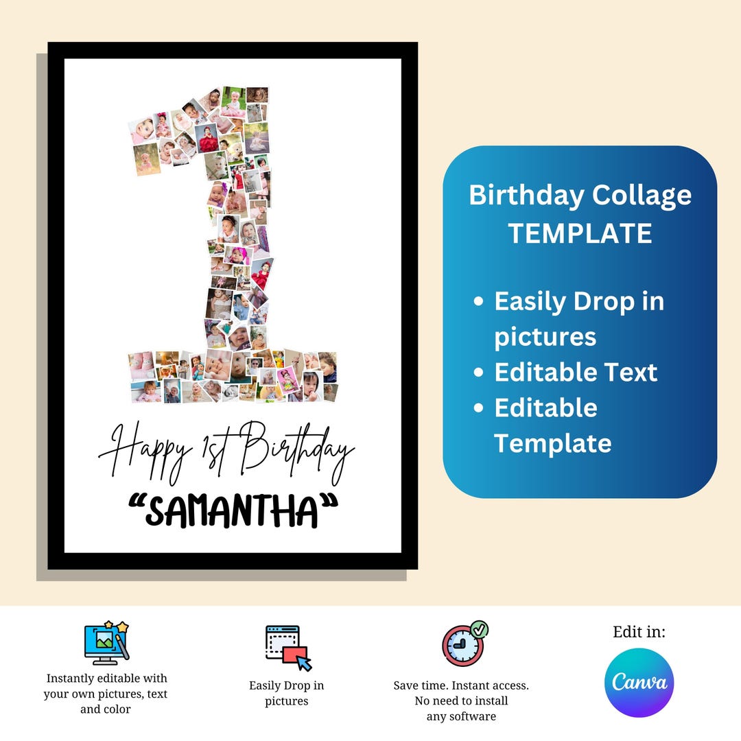 Custom 1st Birthday Number Collage Frame - Personalized Photo Collage ...