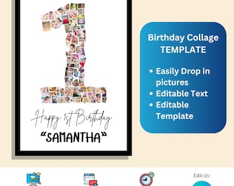 Custom 1st Birthday Number Collage Frame - Personalized Photo Collage | Canva Collage | Canva Template | Drag and Drop Photos in Canva