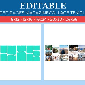 May include: A digital collage template with ripped page edges. The template is divided into 24 squares, with a turquoise color overlay on the left side. The right side shows a sample collage with photos of people and landscapes.