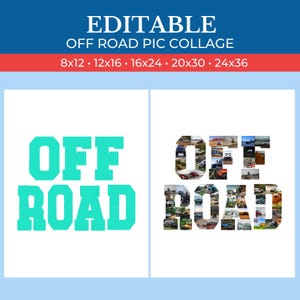 May include: Editable off-road pic collage template with the words "OFF ROAD" in black and turquoise letters. The left side shows the words in solid color, while the right side shows the words made up of multiple photos of off-road vehicles.