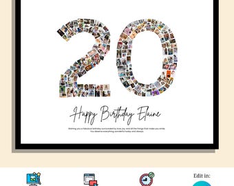 Custom 20th Birthday Number Collage Frame - Personalized Photo Collage | Canva Collage | Canva Template | Drag and Drop Photos in Canva