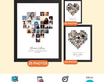 Heart Shape Collage Frame | 25, 50 and 100 Collage Frame Canva Editable | Birthday Collage Template | Anniversary Collage Frame