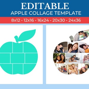 Puede incluir: Una plantilla de collage en forma de manzana verde con 12 cuadrados para fotos. La plantilla está disponible en varios tamaños: 8x12, 12x16, 16x24, 20x30 y 24x36.