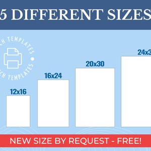 May include: A graphic showing five different sizes of printable templates for merchandise. The sizes are 8x12 inches, 12x16 inches, 16x24 inches, 20x30 inches, and 24x36 inches. The graphic also includes the text "Merch Templates" and "New Size By Request - Free!"
