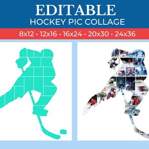 May include: Editable hockey player silhouette template for a photo collage. The template is divided into squares, ready for you to add your own photos. The silhouette is in a teal color against a white background.