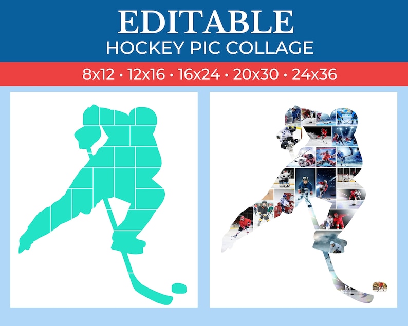 May include: Editable hockey player silhouette template for a photo collage. The template is divided into squares, ready for you to add your own photos. The silhouette is in a teal color against a white background.