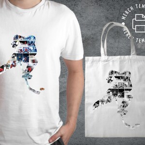 May include: White t-shirt and tote bag with a hockey player silhouette made of smaller images. The silhouette is in black and white.