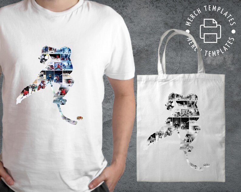 May include: White t-shirt and tote bag with a hockey player silhouette made of smaller images. The silhouette is in black and white.