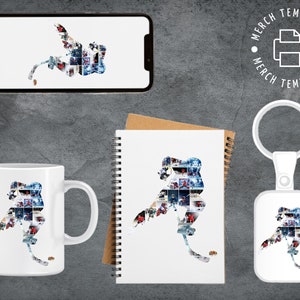 May include: A white mug with a hockey player silhouette made of smaller images. The player is in a skating position with a stick and puck.
