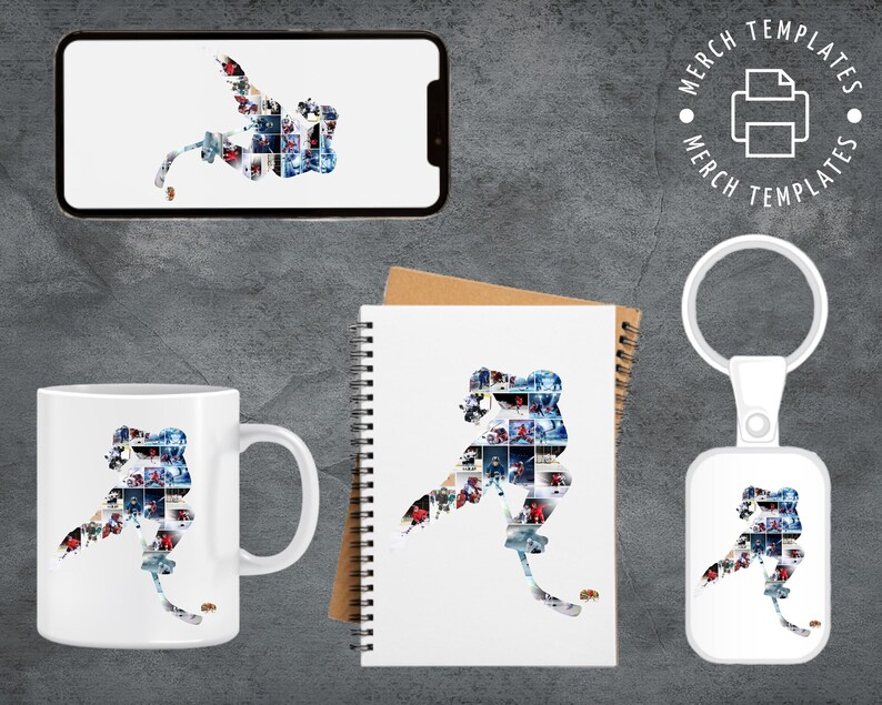 May include: A white mug with a hockey player silhouette made of smaller images. The player is in a skating position with a stick and puck.