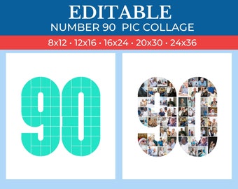 PRINTABLE 90 Number Collage Frame | 90 Collage Frame Canva Editable | 90th Birthday Collage | 90th Anniversary Collage Frame