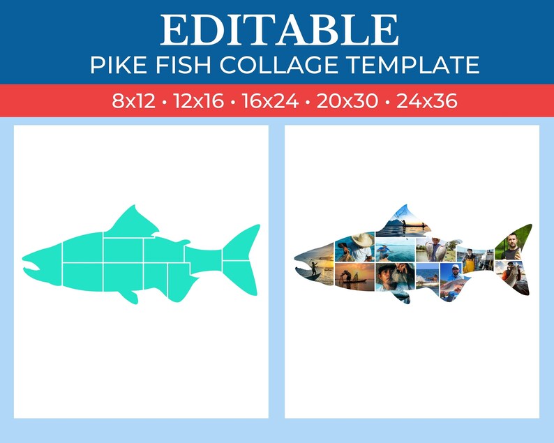 collage gift template in the shape of a Fishing Pike Fish grid art