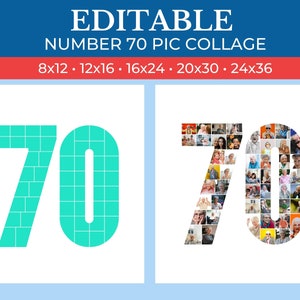 PRINTABLE 70 Zahlen Collage Rahmen | 70 Collage Rahmen Canva Bearbeitbar | 70er Geburtstag Collage | 70th Jubiläum Collage Rahmen