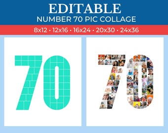 DO DRUKU 70 Ramka kolażu liczb | 70 Ramka kolażu Canva Edytowalna | Kolaż 70. urodzin | Ramka kolażu 70. rocznicy