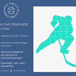 May include: A teal blue silhouette of a hockey player skating with a stick and puck. The image is a template that can be used to create personalized designs.