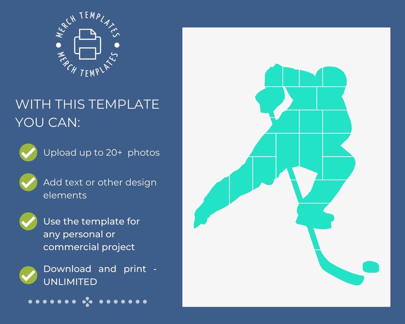 May include: A teal blue silhouette of a hockey player skating with a stick and puck. The image is a template that can be used to create personalized designs.